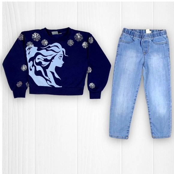 Disney Other - Disney Frozen 2 Elsa Navy Blue & Silver Sequin 4/5 Sweatshirt & OshKosh Jeggings